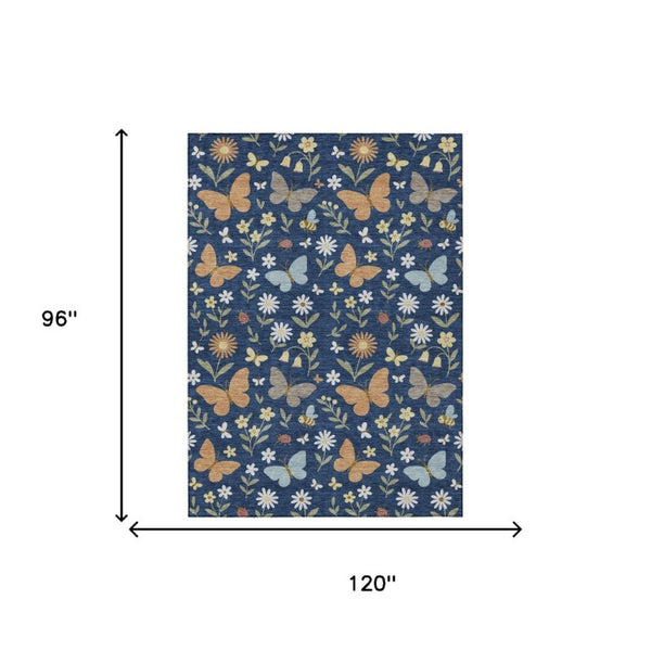 8 Ft X 10 Ft Navy Abstract Washable Polyester Area Rug for Indoor Outdoor Spaces