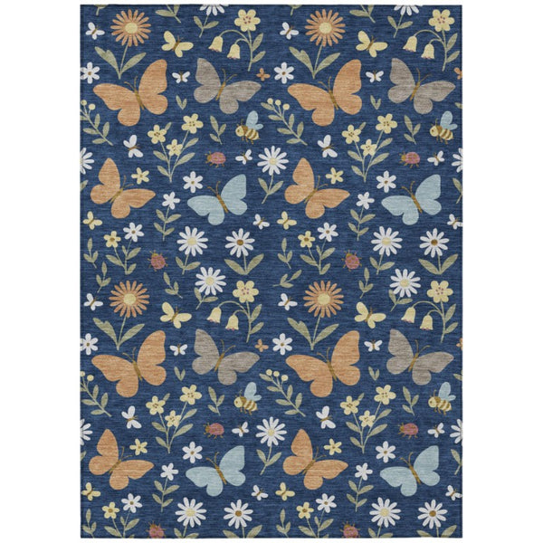 9x12 Navy Abstract Polyester Area Rug Washable Indoor Outdoor Living Patio
