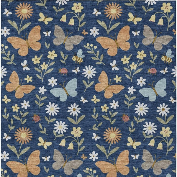 9x12 Navy Abstract Polyester Area Rug Washable Indoor Outdoor Living Patio