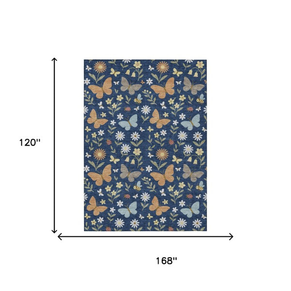 10x14 Navy Abstract Washable Polyester Rug for Indoor Outdoor Patios and Living Rooms