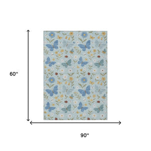 5x8 Sky Blue Abstract Washable Polyester Indoor Outdoor Rug for Patio or Living Room