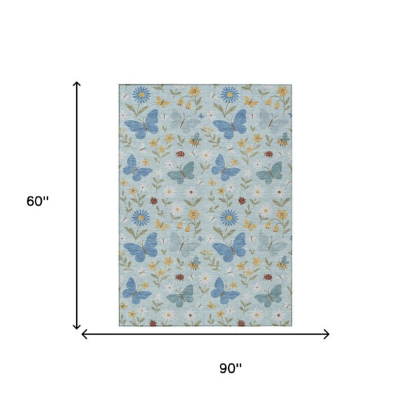 5x8 Sky Blue Abstract Washable Polyester Indoor Outdoor Rug for Patio or Living Room