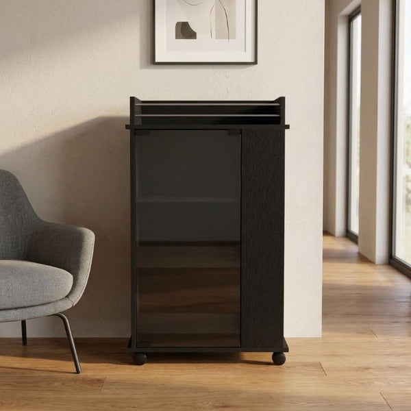 22 Inch Black Wood Rolling Bar Cart with Wheels for Kitchen or Living Room
