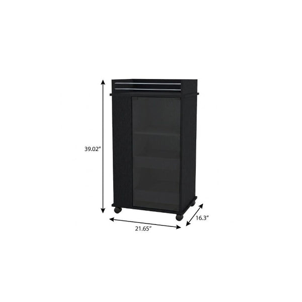22 Inch Black Wood Rolling Bar Cart with Wheels for Kitchen or Living Room