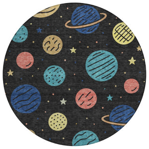 8 Ft Round Floral Polyester Rug Washable Indoor Outdoor Patio Navy Blue
