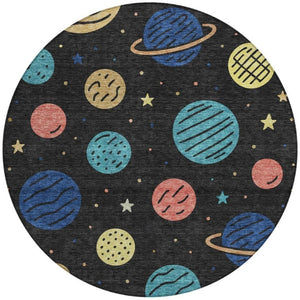 HomeRoots 8 Ft Round Floral Polyester Rug Washable Indoor Outdoor Patio Navy Blue 733646
