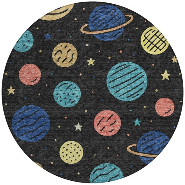 HomeRoots 8 Ft Round Floral Polyester Rug Washable Indoor Outdoor Patio Navy Blue 733646