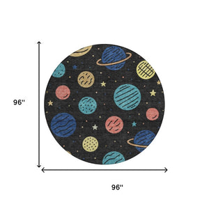 8 Ft Round Floral Polyester Rug Washable Indoor Outdoor Patio Navy Blue