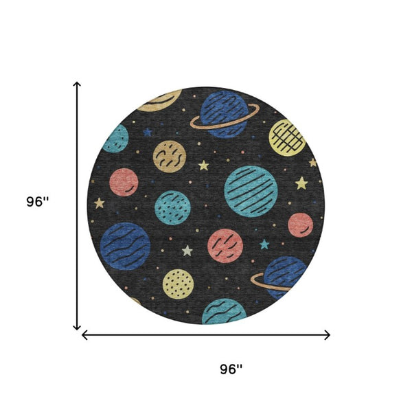 8 Ft Round Floral Polyester Rug Washable Indoor Outdoor Patio Navy Blue