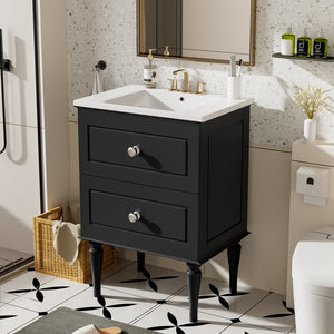 English Elm 24'' French-Style Bathroom Vanity with Ceramic Sink, Black Long Legs, 2 Drawers, Moisture-Resistant Elegance N710P195621B