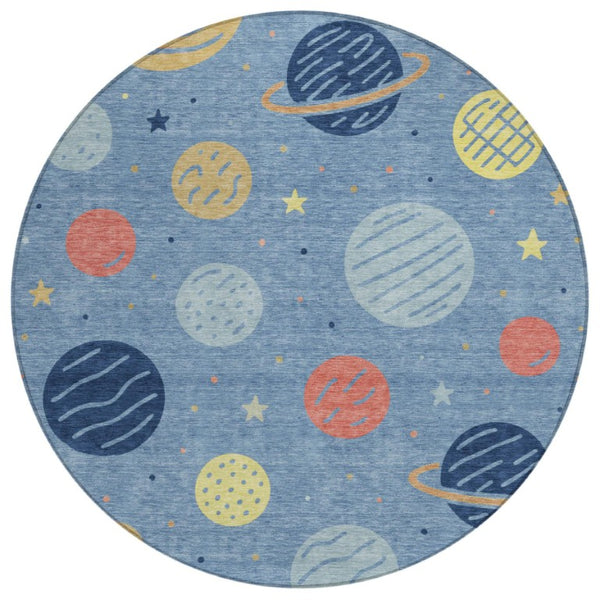 8 Ft Round Washable Floral Area Rug Indoor Outdoor Polyester Woven Blue Navy