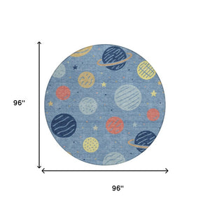 8 Ft Round Washable Floral Area Rug Indoor Outdoor Polyester Woven Blue Navy
