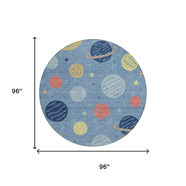 8 Ft Round Washable Floral Area Rug Indoor Outdoor Polyester Woven Blue Navy