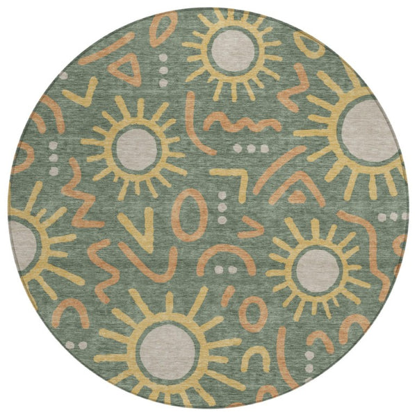 8 Foot Round Geometric Polyester Area Rug Washable for Patio and Indoor Use