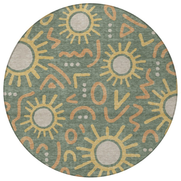 8 Foot Round Geometric Polyester Area Rug Washable for Patio and Indoor Use