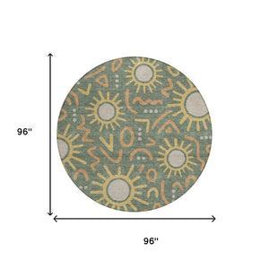 8 Foot Round Geometric Polyester Area Rug Washable for Patio and Indoor Use