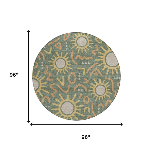 8 Foot Round Geometric Polyester Area Rug Washable for Patio and Indoor Use