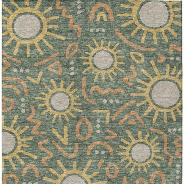 9x12 Geometric Polyester Area Rug Indoor Outdoor Washable Green Gold Modern