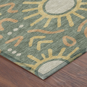 9x12 Geometric Polyester Area Rug Indoor Outdoor Washable Green Gold Modern
