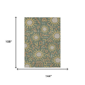 9x12 Geometric Polyester Area Rug Indoor Outdoor Washable Green Gold Modern