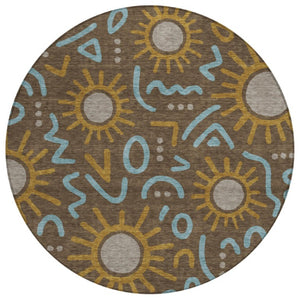 8 Ft Round Geometric Polyester Area Rug Washable for Indoor Outdoor Patios
