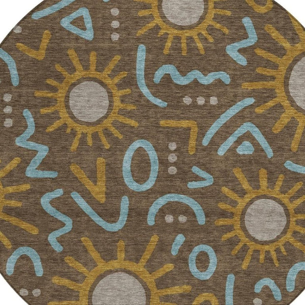 HomeRoots 8 Ft Round Geometric Polyester Area Rug Washable for Indoor Outdoor Patios 733688