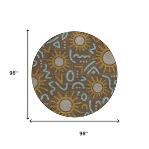 8 Ft Round Geometric Polyester Area Rug Washable for Indoor Outdoor Patios