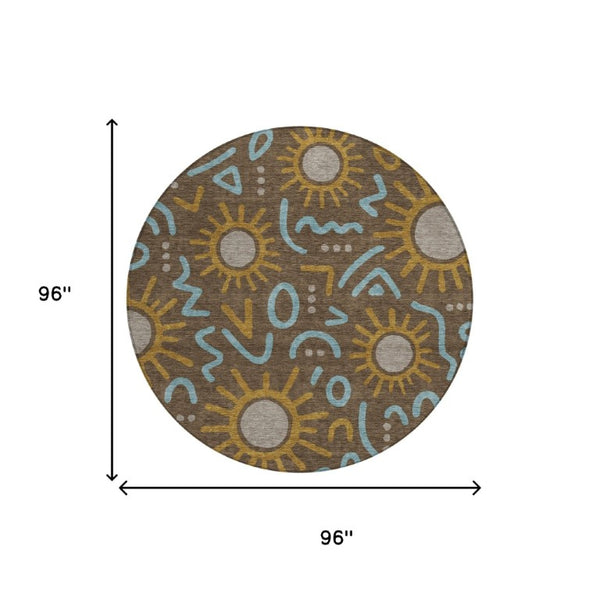 8 Ft Round Geometric Polyester Area Rug Washable for Indoor Outdoor Patios