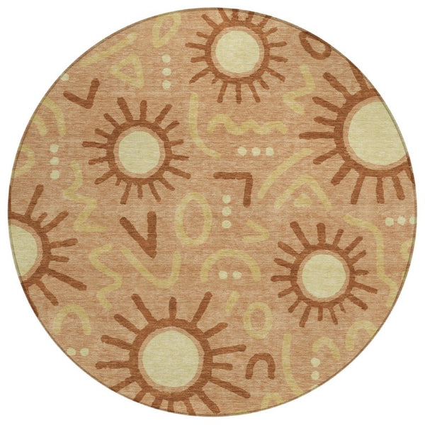 8 Ft Round Geometric Polyester Area Rug Washable Copper Tones for Patio or Living Room