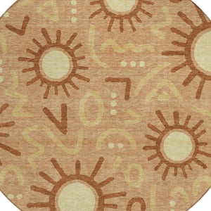 HomeRoots 8 Ft Round Geometric Polyester Area Rug Washable Copper Tones for Patio or Living Room 733694