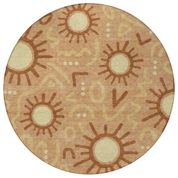 8 Ft Round Geometric Polyester Area Rug Washable Copper Tones for Patio or Living Room