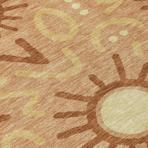 8 Ft Round Geometric Polyester Area Rug Washable Copper Tones for Patio or Living Room