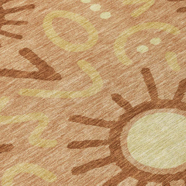 8 Ft Round Geometric Polyester Area Rug Washable Copper Tones for Patio or Living Room