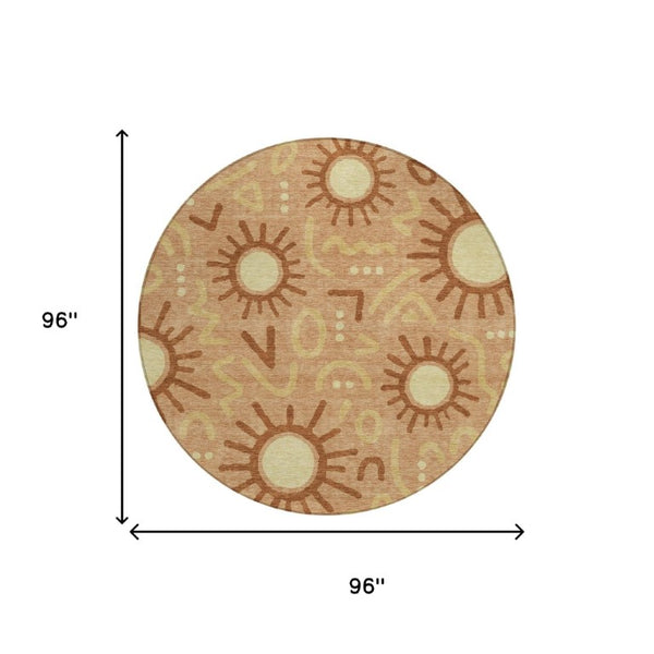 8 Ft Round Geometric Polyester Area Rug Washable Copper Tones for Patio or Living Room