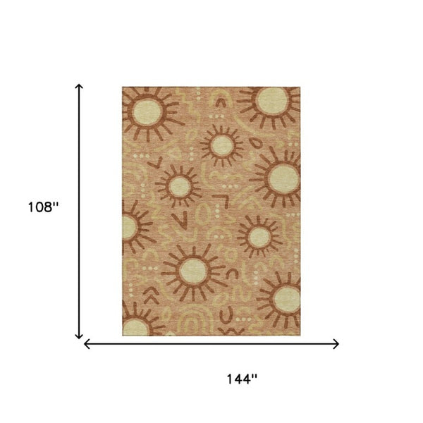 9 X 12 Copper Orange Geometric Polyester Washable Area Rug for Patio or Living Room