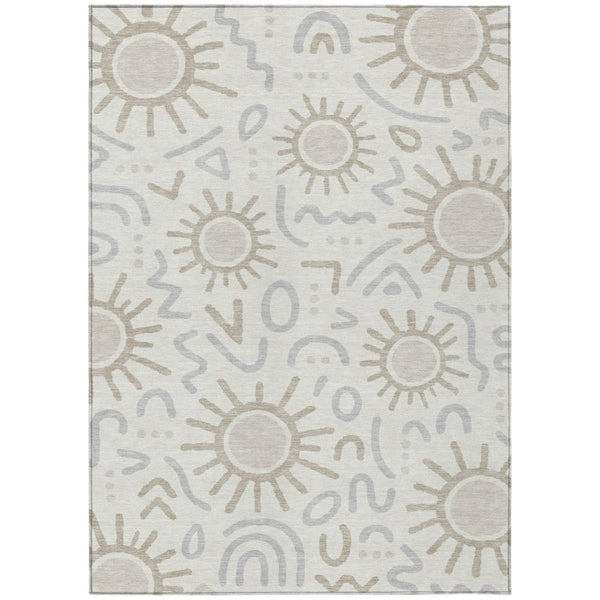 5 Foot by 8 Ivory Linen Geometric Polyester Washable Indoor Outdoor Rug