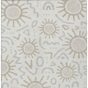 5 Foot by 8 Ivory Linen Geometric Polyester Washable Indoor Outdoor Rug