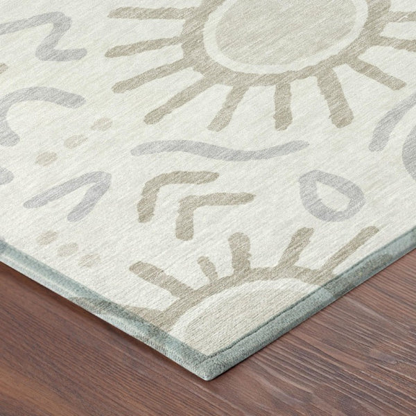 5 Foot by 8 Ivory Linen Geometric Polyester Washable Indoor Outdoor Rug