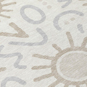 5 Foot by 8 Ivory Linen Geometric Polyester Washable Indoor Outdoor Rug