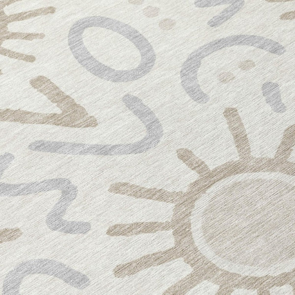 5 Foot by 8 Ivory Linen Geometric Polyester Washable Indoor Outdoor Rug