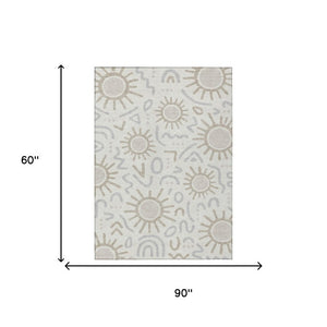5 Foot by 8 Ivory Linen Geometric Polyester Washable Indoor Outdoor Rug