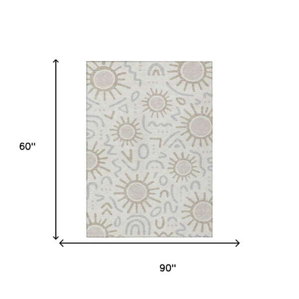 5 Foot by 8 Ivory Linen Geometric Polyester Washable Indoor Outdoor Rug