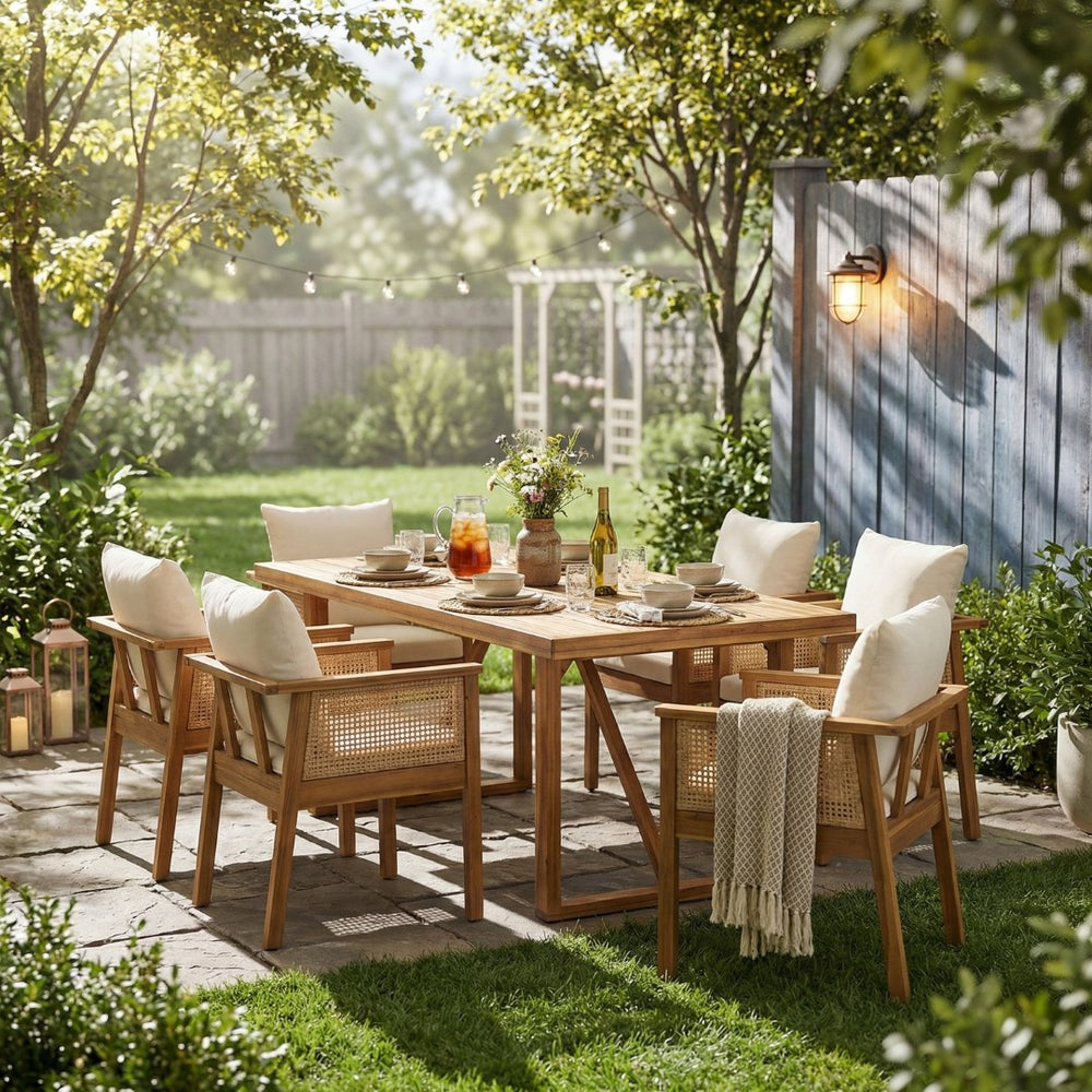 English Elm 7 Piece Acacia Wood Outdoor Dining Set Wicker Back Armchairs Teak Finish Patio N762P371718D_N762P403831T6