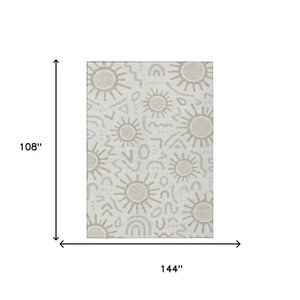 9 X 12 Geometric Ivory Washable Polyester Area Rug for Indoor Outdoor Living