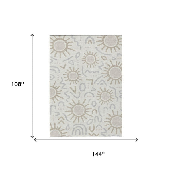 9 X 12 Geometric Ivory Washable Polyester Area Rug for Indoor Outdoor Living