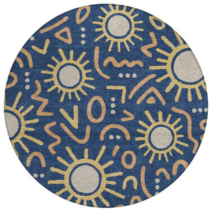 8 Ft Round Geometric Polyester Area Rug for Indoor Outdoor Patios and Living Rooms