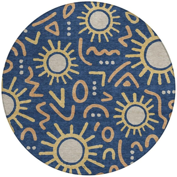 8 Ft Round Geometric Polyester Area Rug for Indoor Outdoor Patios and Living Rooms