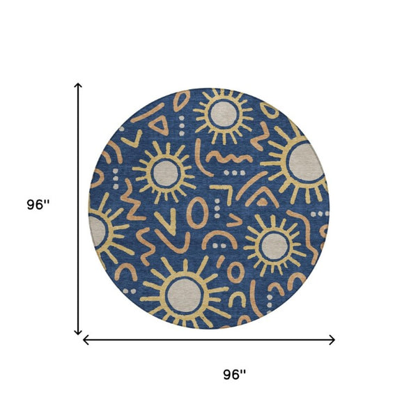 8 Ft Round Geometric Polyester Area Rug for Indoor Outdoor Patios and Living Rooms