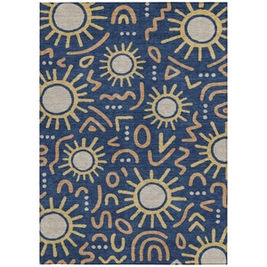 8x10 Navy Geometric Polyester Area Rug Washable Indoor Outdoor Patio Living Room