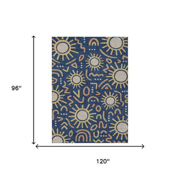 8x10 Navy Geometric Polyester Area Rug Washable Indoor Outdoor Patio Living Room